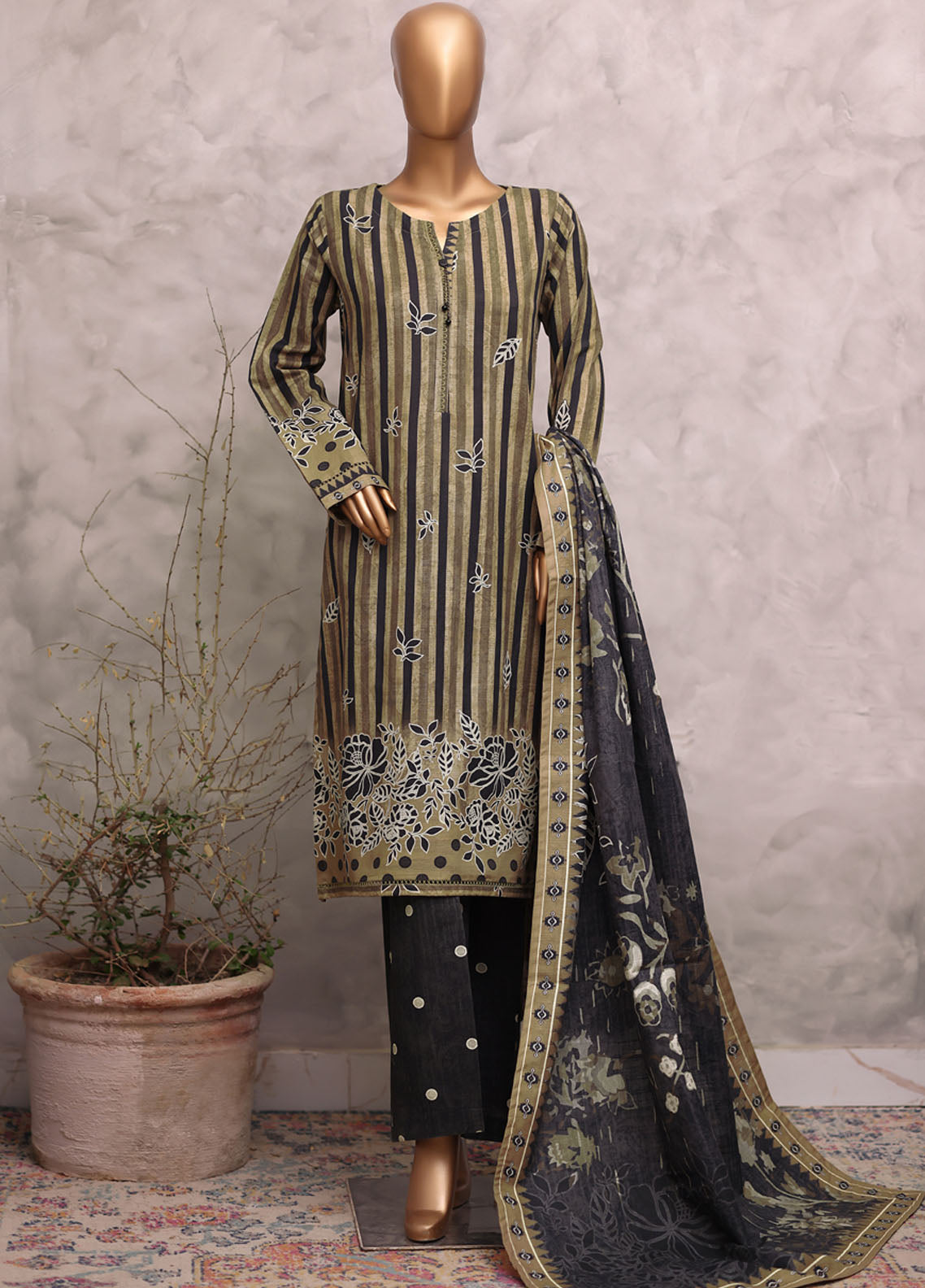 HZ Textile Printed Khaddar 3 Piece Stitched Suit HZ25KPV2 D-2568 OLIVE STRIPES HZ Textile Printed Khaddar 3 Piece Stitched Suit HZ25KPV2 D-2568 OLIVE STRIPES