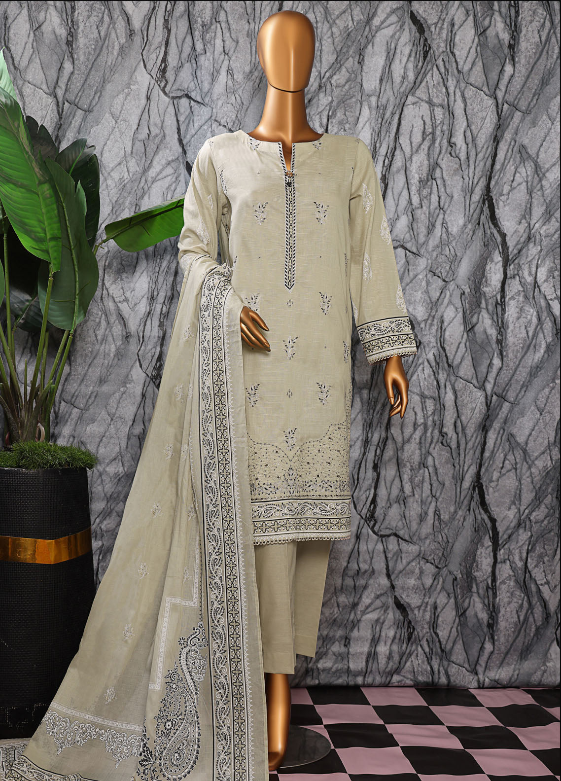 HZ Textiles Embroidered Slub Cotton 3 Piece Unstitched Suit HZ25EMS EMC-25 HZ Textiles Embroidered Slub Cotton 3 Piece Unstitched Suit HZ25EMS EMC-25