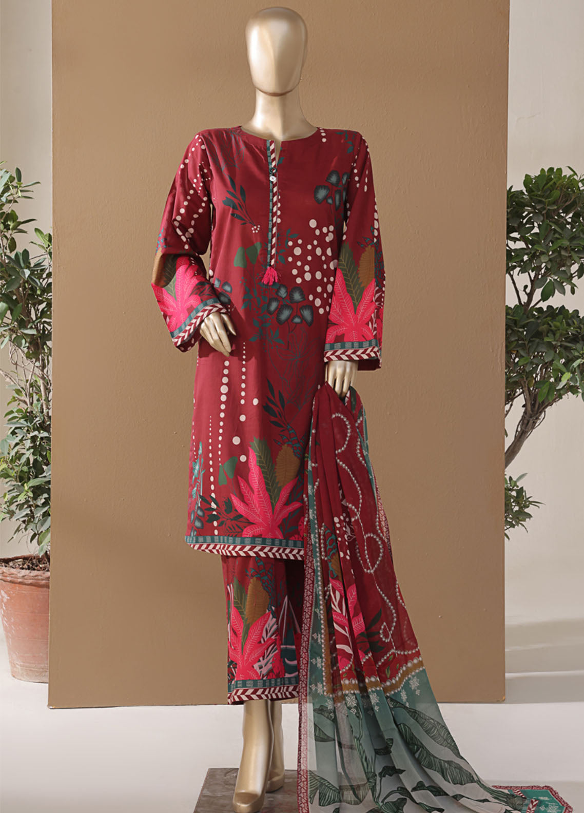 Intermix Art & Craft By HZ Textile Printed Cambric 3 Piece Stitched Suit HZ25IA&C ELP-532 TROPICAL MARSALA Intermix Art & Craft By HZ Textile Printed Cambric 3 Piece Stitched Suit HZ25IA&C ELP-532 TROPICAL MARSALA