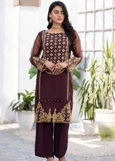 Ketifa Luxury Embroidered Organza 2 Piece Stitched Suit KF24L NR-0105 MAROON FLAME