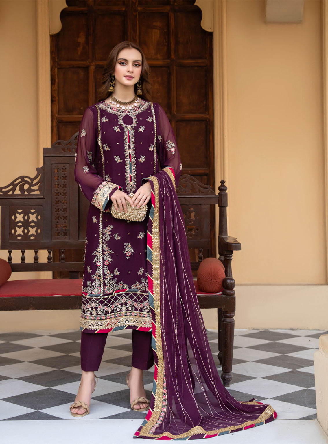 Lallaria By Noorma Kaamal Luxury Embroidered Chiffon 4 Piece Unstitched Suit NK24LV2 NK-LLC-15 Lallaria By Noorma Kaamal Luxury Embroidered Chiffon 4 Piece Unstitched Suit NK24LV2 NK-LLC-15