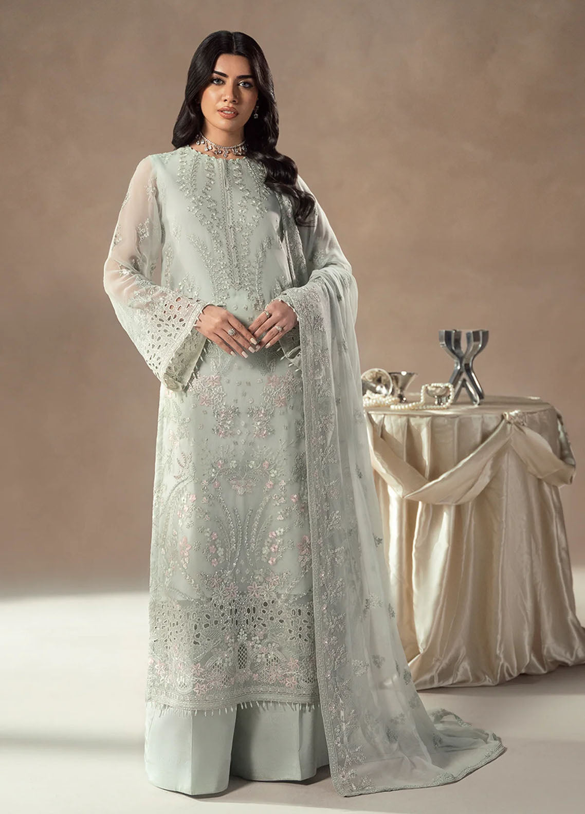 Lamisah By Lavish Premium Afsanah Embroidered Chiffon 3 Piece Unstitched Suit LP25LA D-03 FROSTED SERENITY Lamisah By Lavish Premium Afsanah Embroidered Chiffon 3 Piece Unstitched Suit LP25LA D-03 FROSTED SERENITY