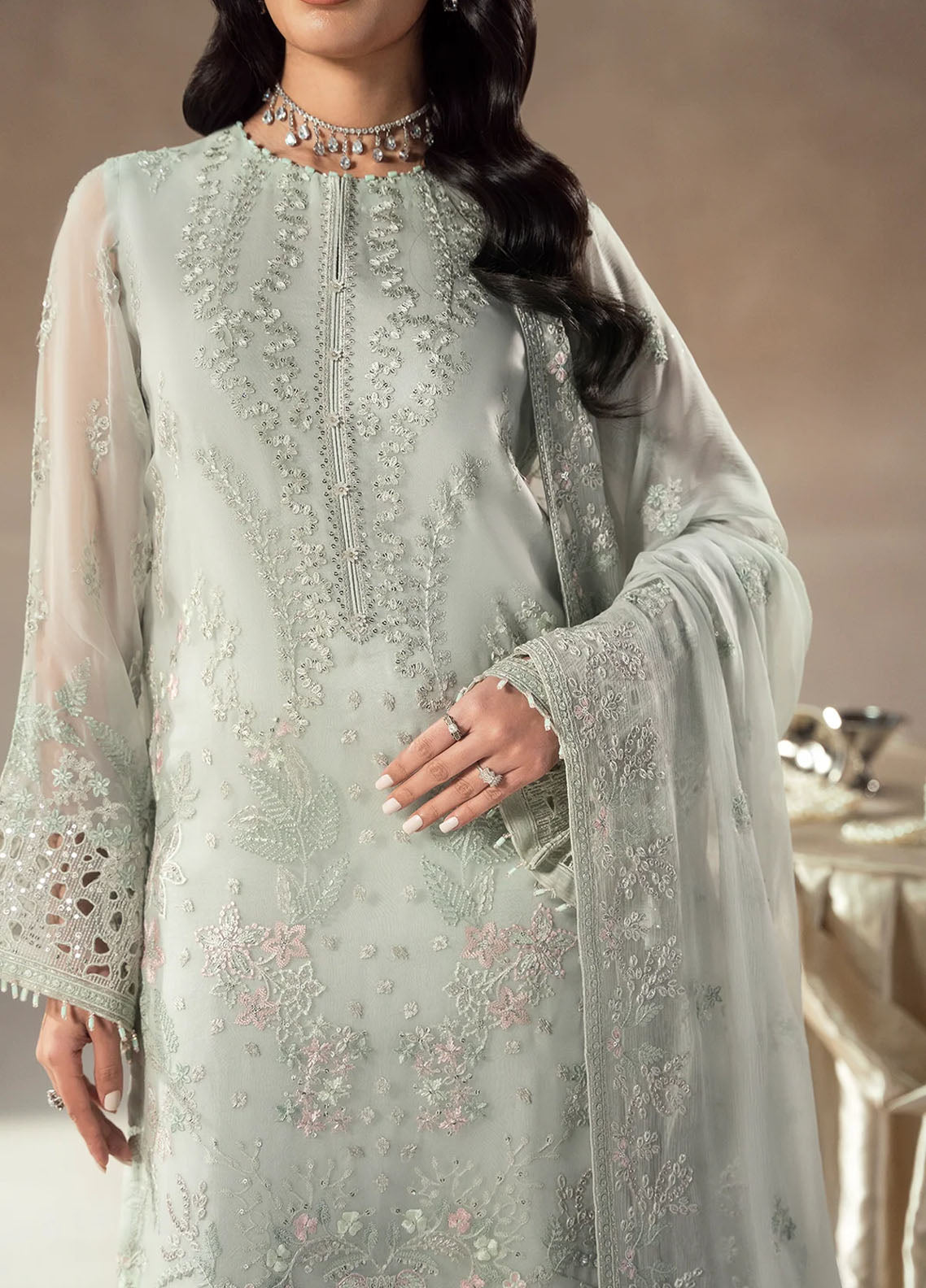 Lamisah By Lavish Premium Afsanah Embroidered Chiffon 3 Piece Unstitched Suit LP25LA D-03 FROSTED SERENITY Lamisah By Lavish Premium Afsanah Embroidered Chiffon 3 Piece Unstitched Suit LP25LA D-03 FROSTED SERENITY