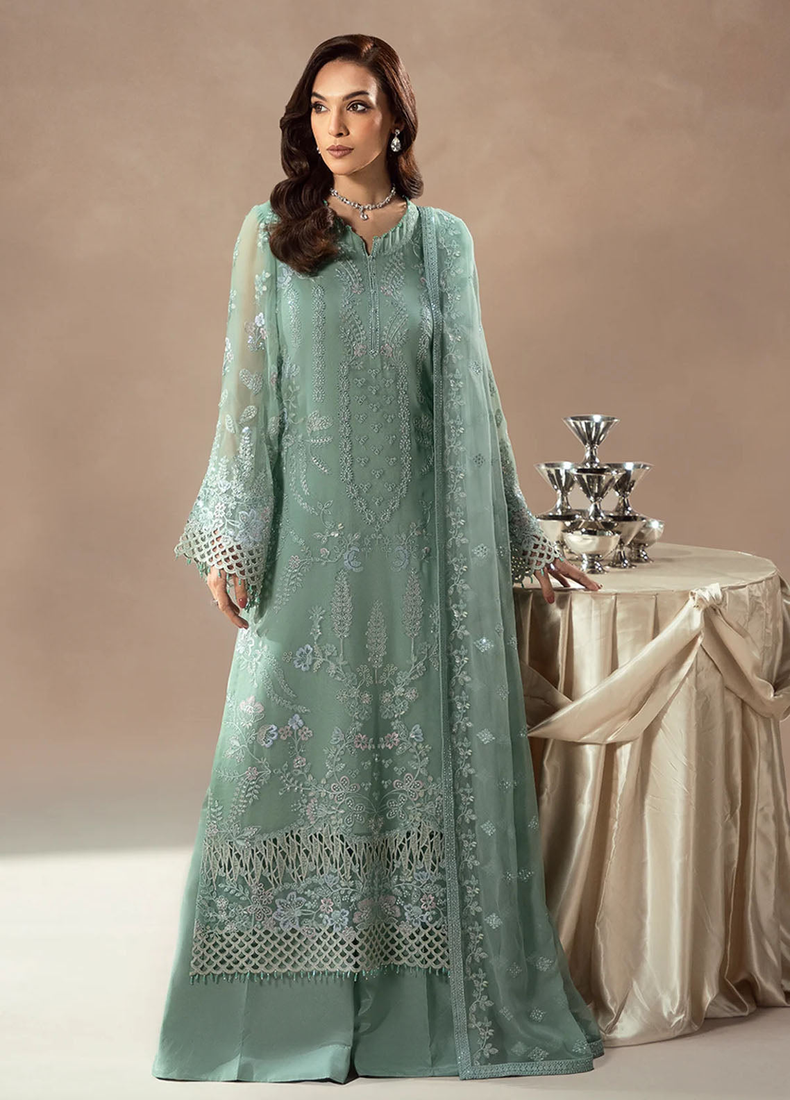 Lamisah By Lavish Premium Afsanah Embroidered Chiffon 3 Piece Unstitched Suit LP25LA D-04 MINT WHISPER Lamisah By Lavish Premium Afsanah Embroidered Chiffon 3 Piece Unstitched Suit LP25LA D-04 MINT WHISPER