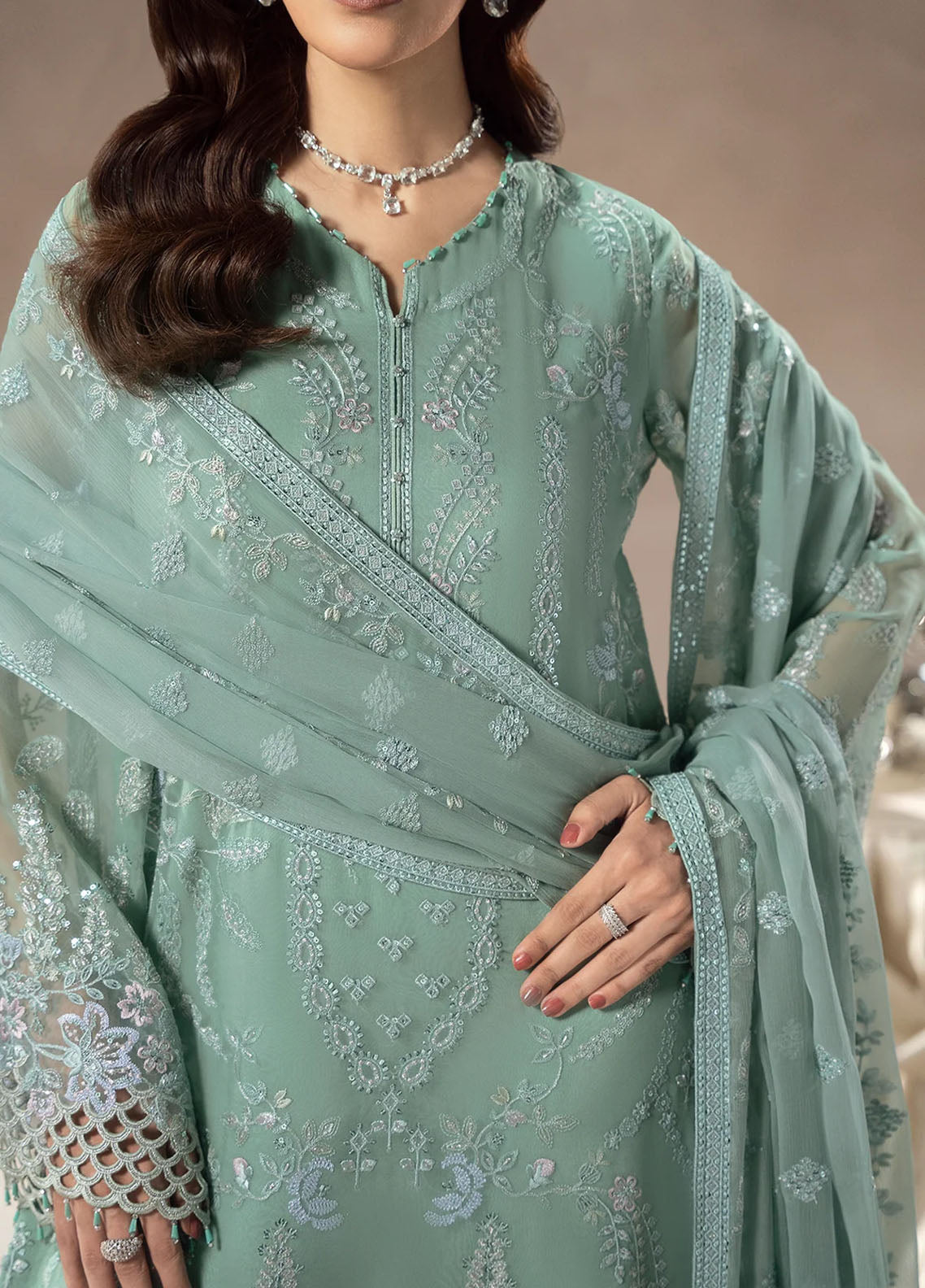 Lamisah By Lavish Premium Afsanah Embroidered Chiffon 3 Piece Unstitched Suit LP25LA D-04 MINT WHISPER Lamisah By Lavish Premium Afsanah Embroidered Chiffon 3 Piece Unstitched Suit LP25LA D-04 MINT WHISPER