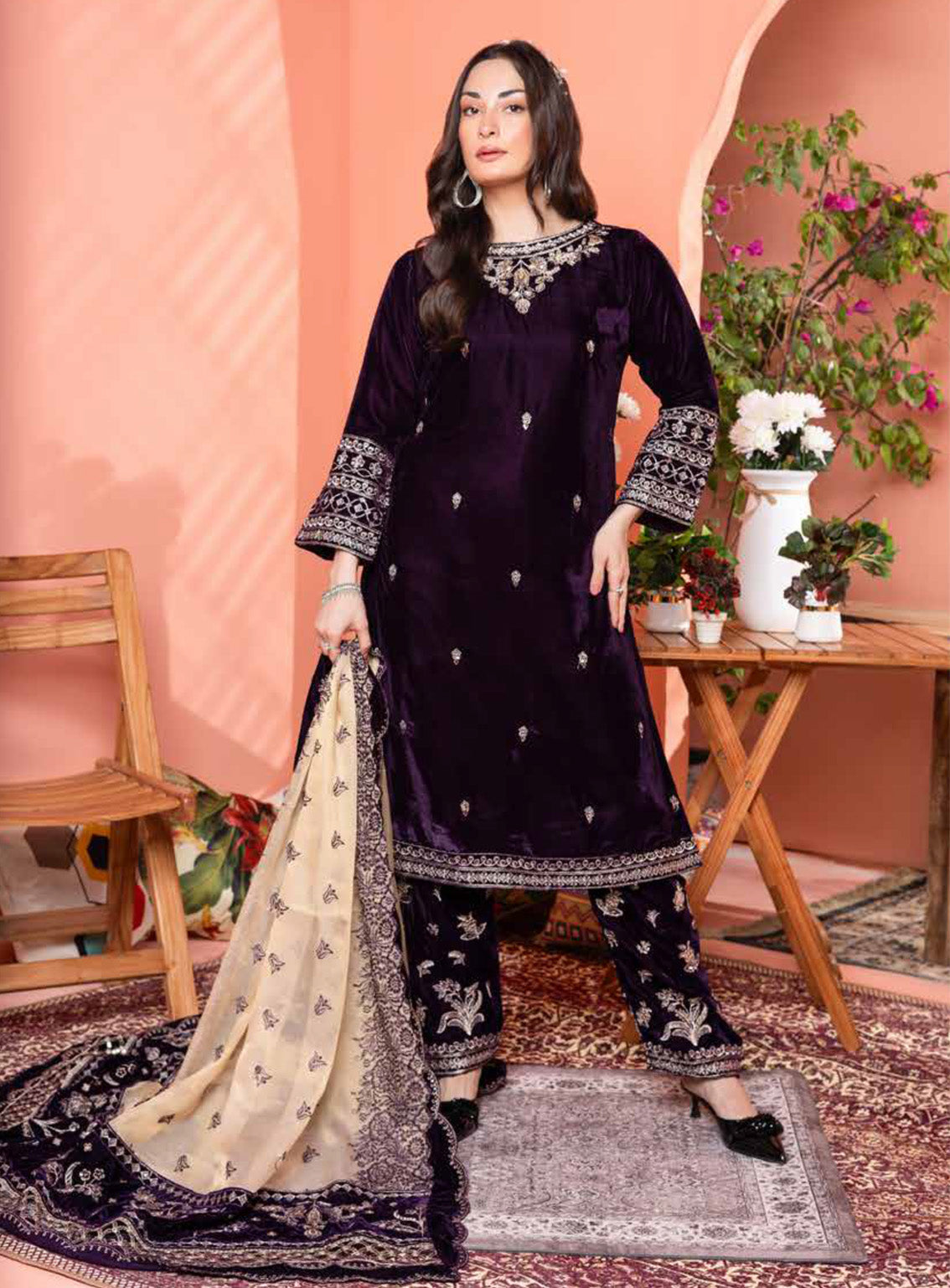 Maya By Schick Embroidered Velvet 3 Piece Unstitched Suit SDH24M D-02 Maya By Schick Embroidered Velvet 3 Piece Unstitched Suit SDH24M D-02