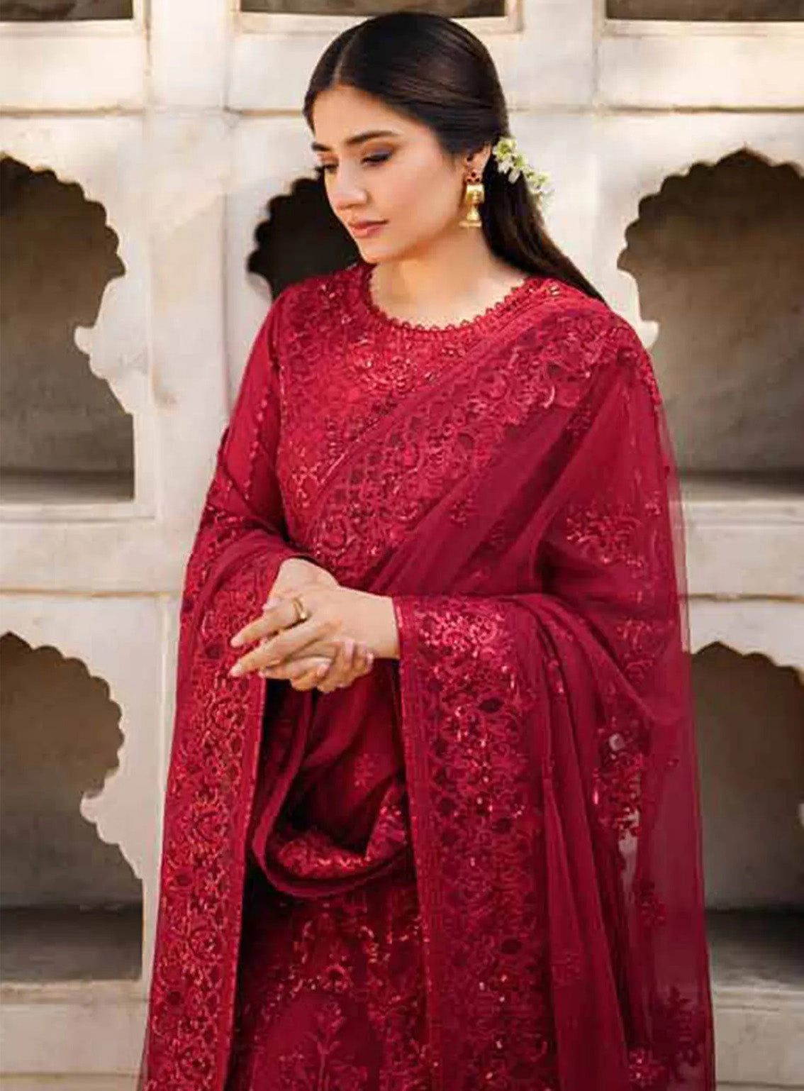 Meeras By Imrozia Embroidered Organza 3 Piece Unstitched Suit IM25MLE D-I 219 RUBY Meeras By Imrozia Embroidered Organza 3 Piece Unstitched Suit IM25MLE D-I 219 RUBY