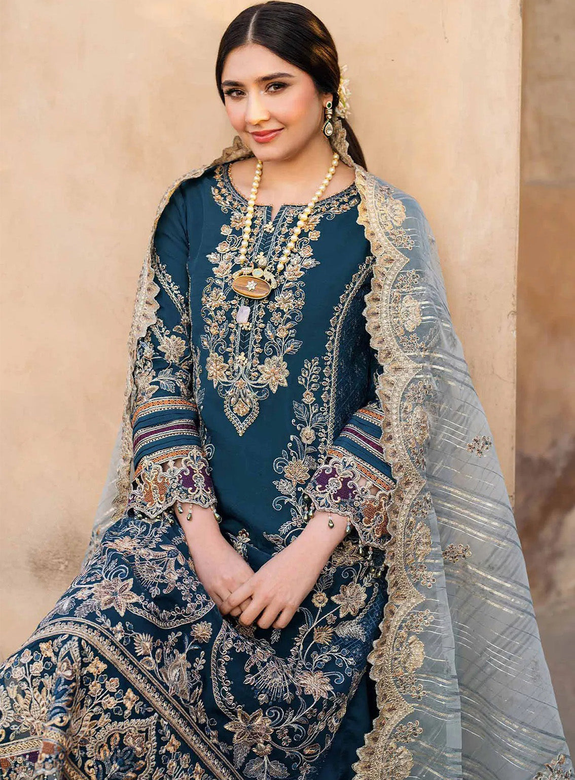 Meeras By Imrozia Embroidered Organza 3 Piece Unstitched Suit IM25MLE D-I-223 NEELAM Meeras By Imrozia Embroidered Organza 3 Piece Unstitched Suit IM25MLE D-I-223 NEELAM