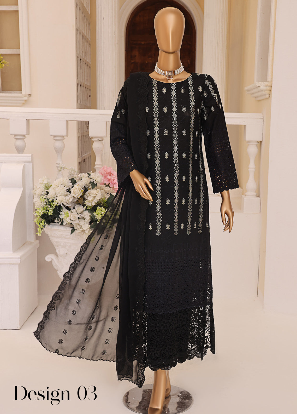 Monochrome By Schick Embroidered Schiffli 3 Piece Unstitched Suit SDH25MSE EBC-03 Monochrome By Schick Embroidered Schiffli 3 Piece Unstitched Suit SDH25MSE EBC-03