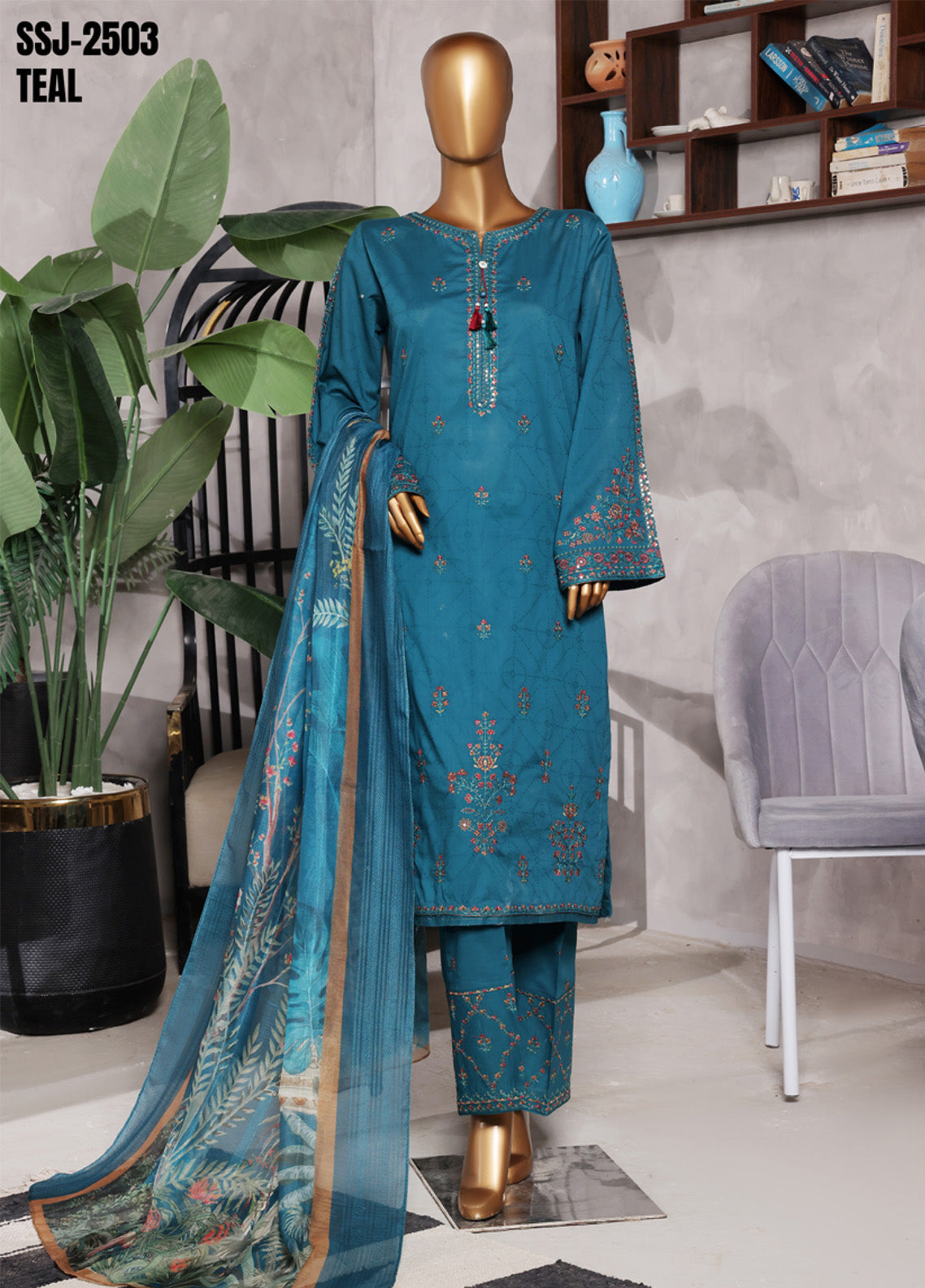 Muse By HZ Textile Embroidered Cotton Self Jacquard 3 Piece Stitched Suit HZ25MCSV2 SSJ-2503-T Muse By HZ Textile Embroidered Cotton Self Jacquard 3 Piece Stitched Suit HZ25MCSV2 SSJ-2503-T