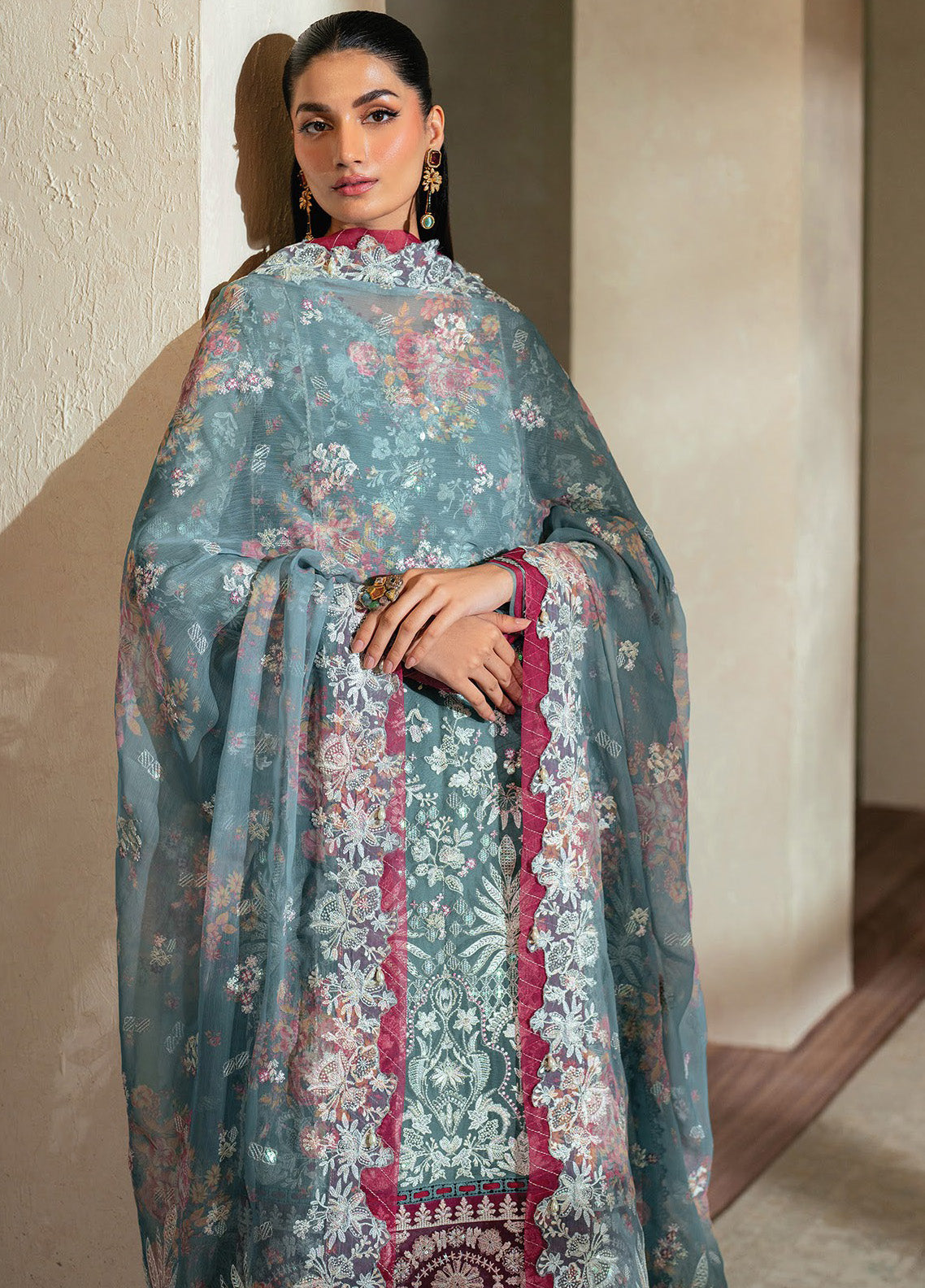 Niran By Xenia Embroidered Chiffon 3 Piece Unstitched Suit ZE24N D-09 ELYSIA Niran By Xenia Embroidered Chiffon 3 Piece Unstitched Suit ZE24N D-09 ELYSIA