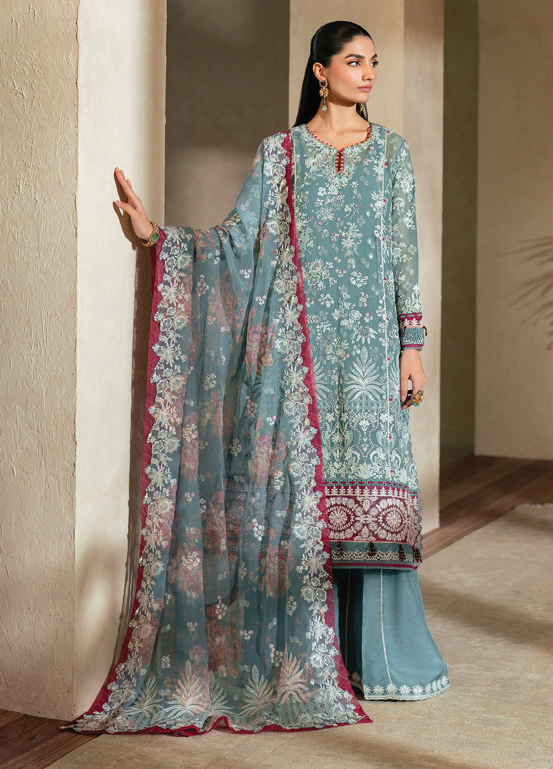 Niran By Xenia Embroidered Chiffon 3 Piece Unstitched Suit ZE24N D-09 ELYSIA Niran By Xenia Embroidered Chiffon 3 Piece Unstitched Suit ZE24N D-09 ELYSIA