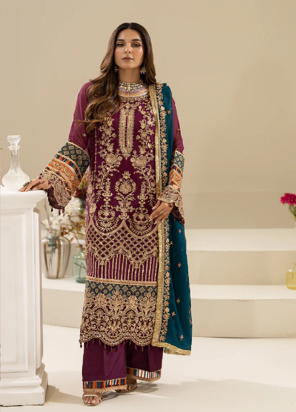 Nisha By Imrozia Embroidered Chiffon 3 Piece Unstitched Suit IM25NELC M-84 ZEHAK Nisha By Imrozia Embroidered Chiffon 3 Piece Unstitched Suit IM25NELC M-84 ZEHAK