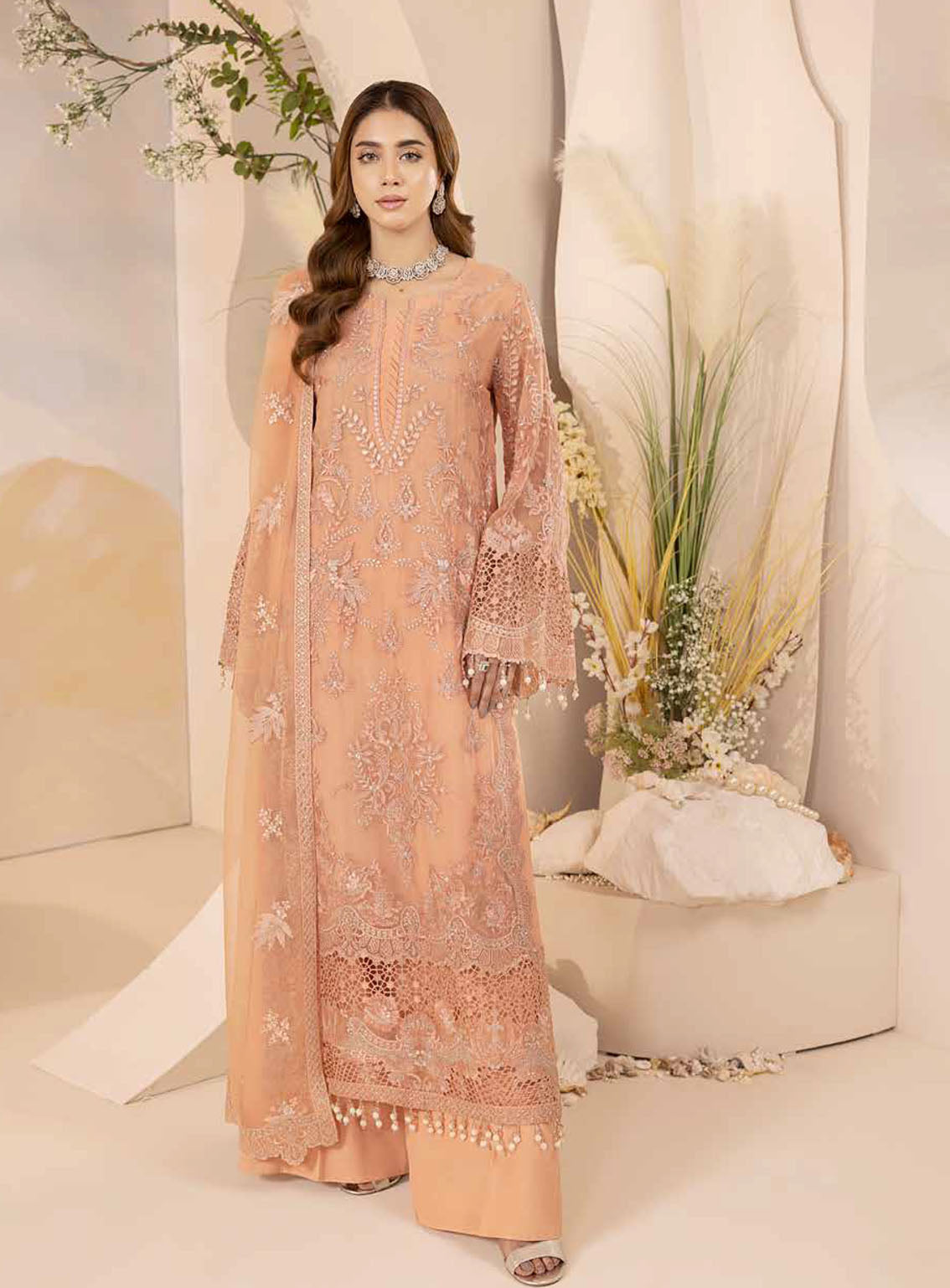 Pareesa By Lavish Premium Embroidered Chiffon 3 Piece Unstitched Suit LP24P D-02 PASTEL PEACH Pareesa By Lavish Premium Embroidered Chiffon 3 Piece Unstitched Suit LP24P D-02 PASTEL PEACH