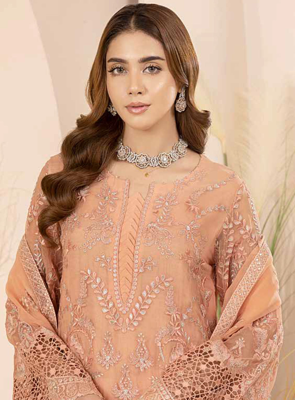 Pareesa By Lavish Premium Embroidered Chiffon 3 Piece Unstitched Suit LP24P D-02 PASTEL PEACH Pareesa By Lavish Premium Embroidered Chiffon 3 Piece Unstitched Suit LP24P D-02 PASTEL PEACH