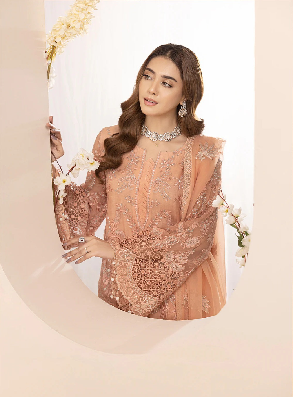Pareesa By Lavish Premium Embroidered Chiffon 3 Piece Unstitched Suit LP24P D-02 PASTEL PEACH Pareesa By Lavish Premium Embroidered Chiffon 3 Piece Unstitched Suit LP24P D-02 PASTEL PEACH