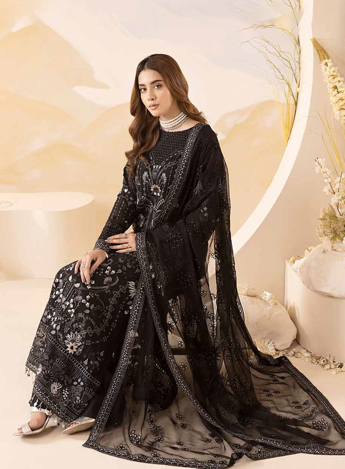 Pareesa By Lavish Premium Embroidered Chiffon 3 Piece Unstitched Suit LP24P D-03 RAVEN Pareesa By Lavish Premium Embroidered Chiffon 3 Piece Unstitched Suit LP24P D-03 RAVEN