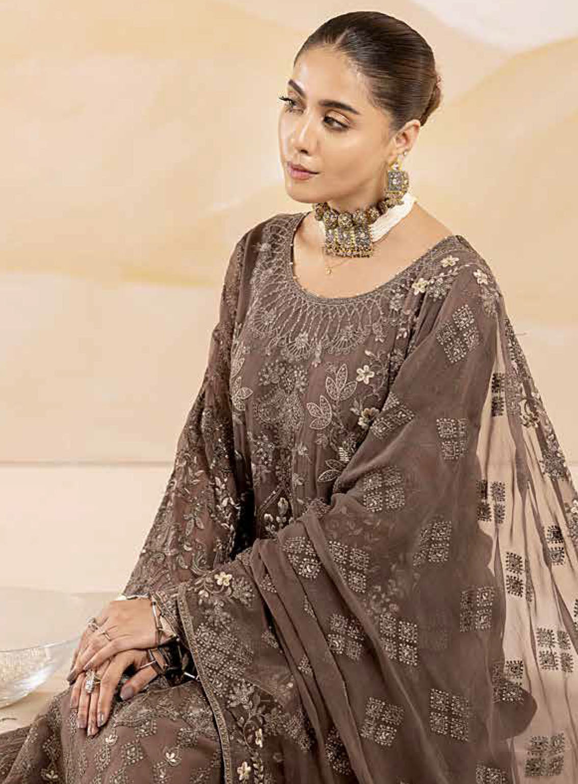 Pareesa By Lavish Premium Embroidered Chiffon 3 Piece Unstitched Suit LP24P D-05 UMBER Pareesa By Lavish Premium Embroidered Chiffon 3 Piece Unstitched Suit LP24P D-05 UMBER