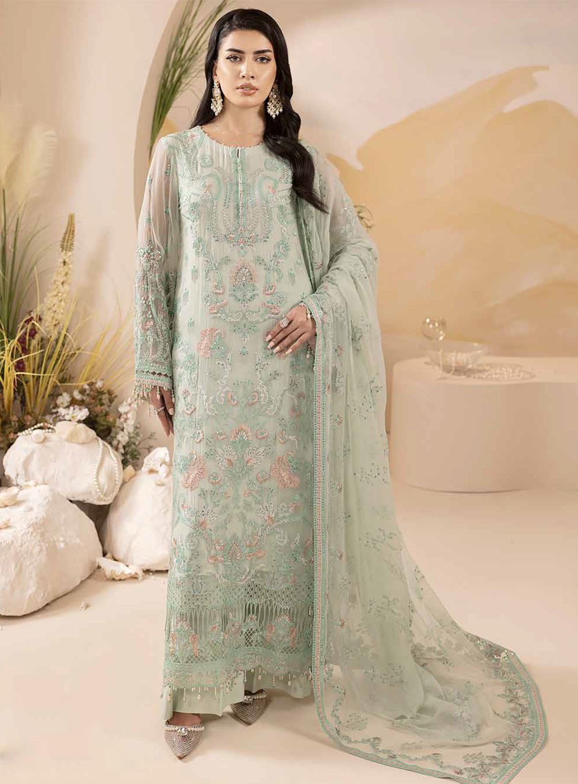 Pareesa By Lavish Premium Embroidered Chiffon 3 Piece Unstitched Suit LP24P D-08 PISTA Pareesa By Lavish Premium Embroidered Chiffon 3 Piece Unstitched Suit LP24P D-08 PISTA