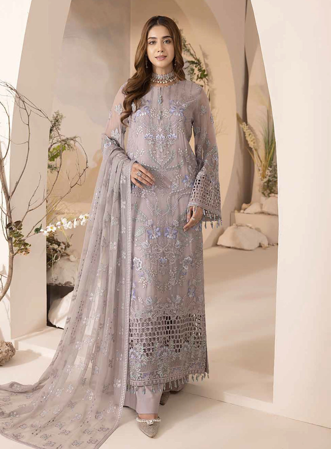 Pareesa By Lavish Premium Embroidered Chiffon 3 Piece Unstitched Suit LP24P D-09 PALE LAVENDAR Pareesa By Lavish Premium Embroidered Chiffon 3 Piece Unstitched Suit LP24P D-09 PALE LAVENDAR