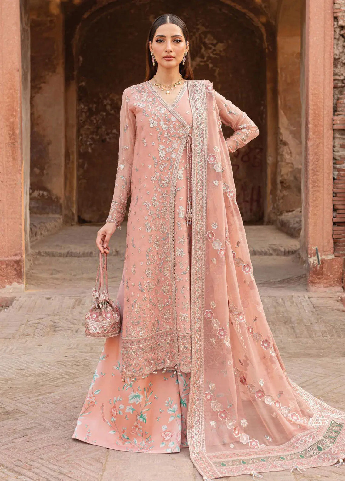 Ritzier By Farasha Embroidered Net 3 Piece Unstitched Suit FSH24R D-06 PEACH BELL Ritzier By Farasha Embroidered Net 3 Piece Unstitched Suit FSH24R D-06 PEACH BELL
