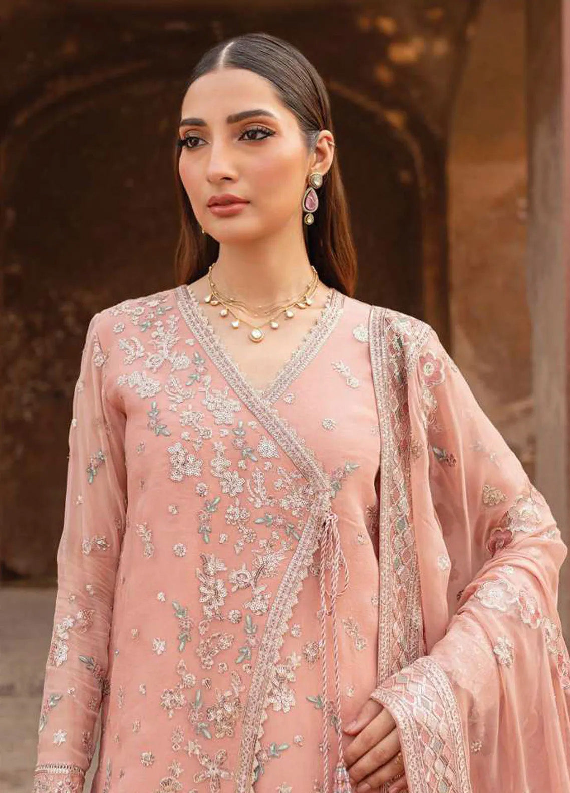 Ritzier By Farasha Embroidered Net 3 Piece Unstitched Suit FSH24R D-06 PEACH BELL Ritzier By Farasha Embroidered Net 3 Piece Unstitched Suit FSH24R D-06 PEACH BELL