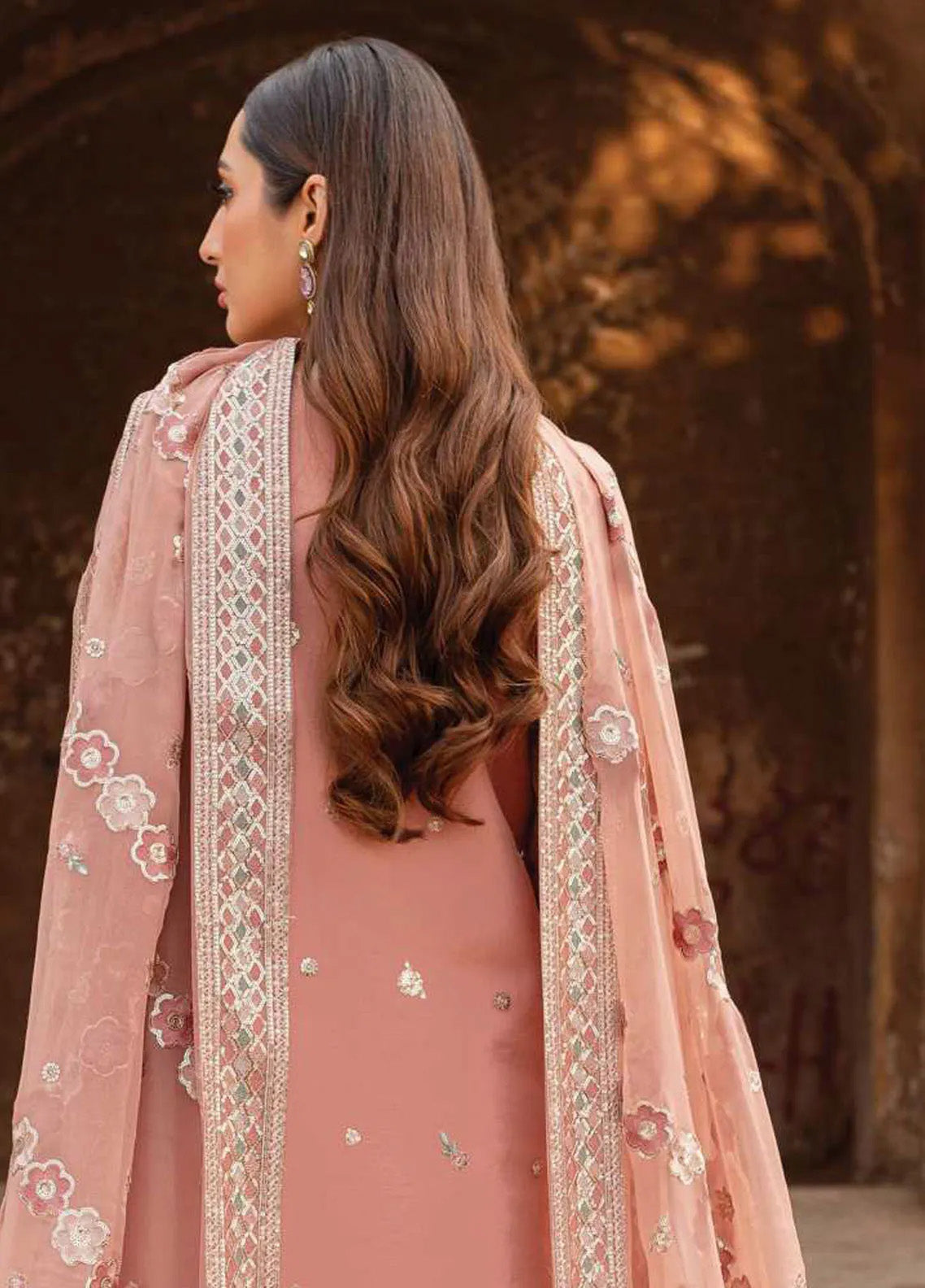 Ritzier By Farasha Embroidered Net 3 Piece Unstitched Suit FSH24R D-06 PEACH BELL Ritzier By Farasha Embroidered Net 3 Piece Unstitched Suit FSH24R D-06 PEACH BELL