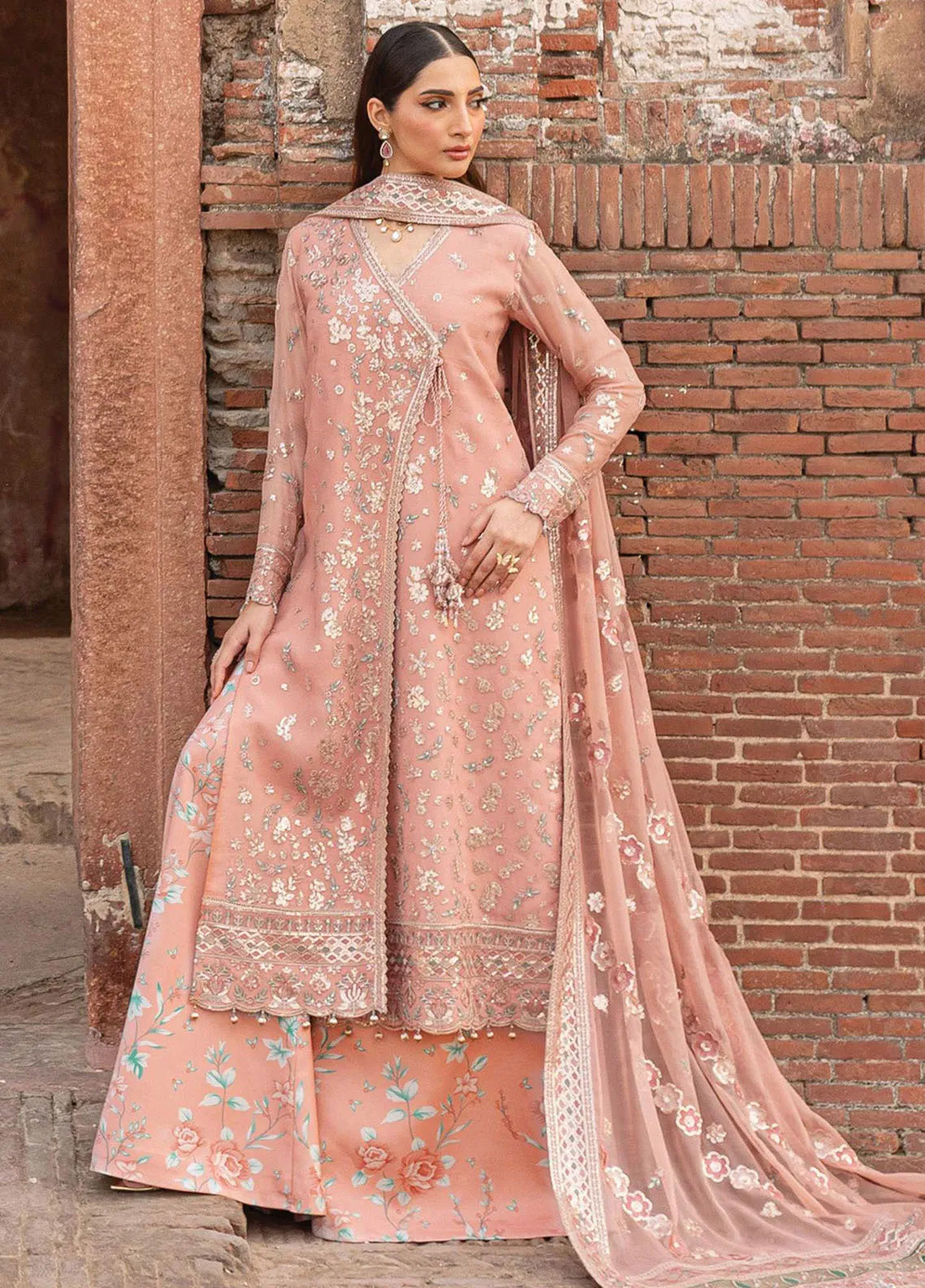 Ritzier By Farasha Embroidered Net 3 Piece Unstitched Suit FSH24R D-06 PEACH BELL Ritzier By Farasha Embroidered Net 3 Piece Unstitched Suit FSH24R D-06 PEACH BELL