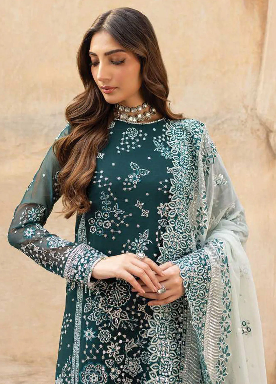 Ritzier By Farasha Embroidered Net 3 Piece Unstitched Suit FSH24R D-10 TEAL DREAMS Ritzier By Farasha Embroidered Net 3 Piece Unstitched Suit FSH24R D-10 TEAL DREAMS