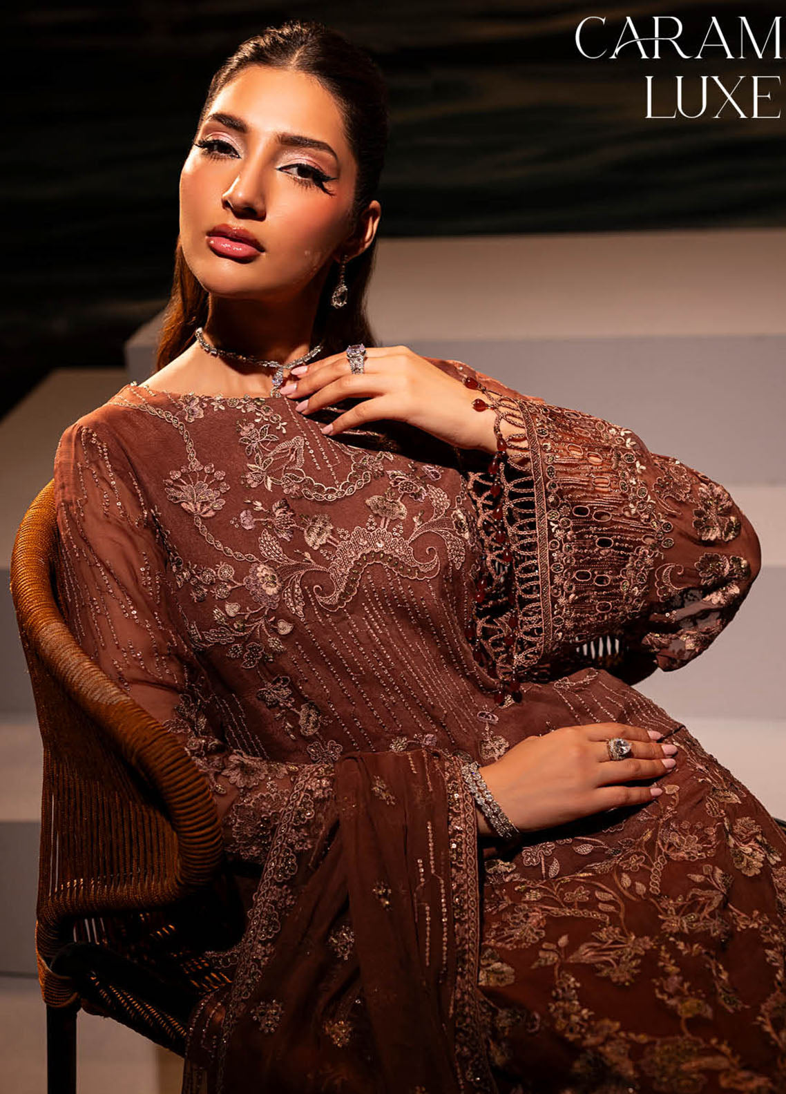Riwayat Lamisah By Lavish Premium Embroidered Chiffon Suits Unstitched 3 Piece LP25RLC D-03 CARAMEL LUXE Riwayat Lamisah By Lavish Premium Embroidered Chiffon Suits Unstitched 3 Piece LP25RLC D-03 CARAMEL LUXE