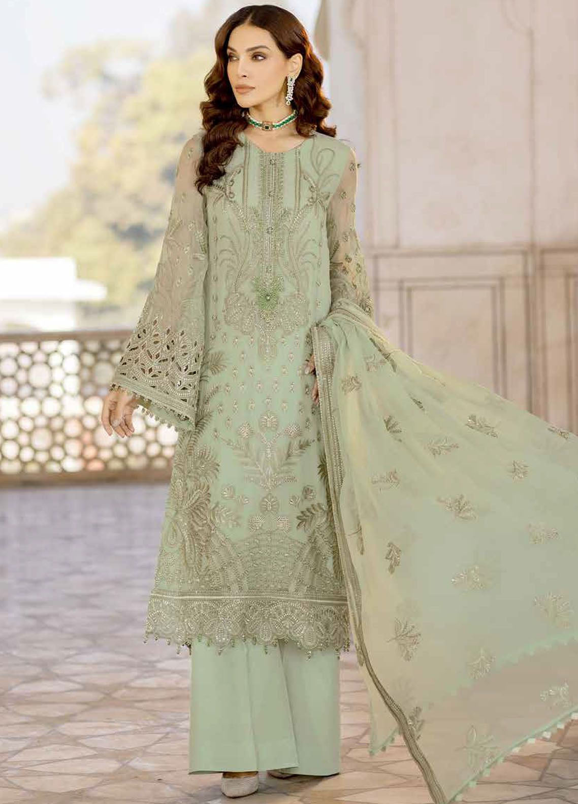 Safeera By Flossie Embroidered Chiffon 3 Piece Unstitched Suit FL24SF S-1304 LUSTER GREEN Safeera By Flossie Embroidered Chiffon 3 Piece Unstitched Suit FL24SF S-1304 LUSTER GREEN