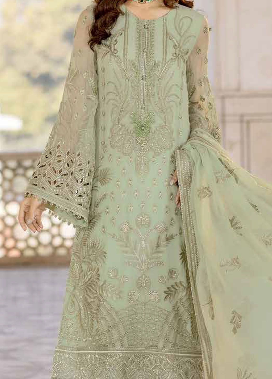 Safeera By Flossie Embroidered Chiffon 3 Piece Unstitched Suit FL24SF S-1304 LUSTER GREEN Safeera By Flossie Embroidered Chiffon 3 Piece Unstitched Suit FL24SF S-1304 LUSTER GREEN