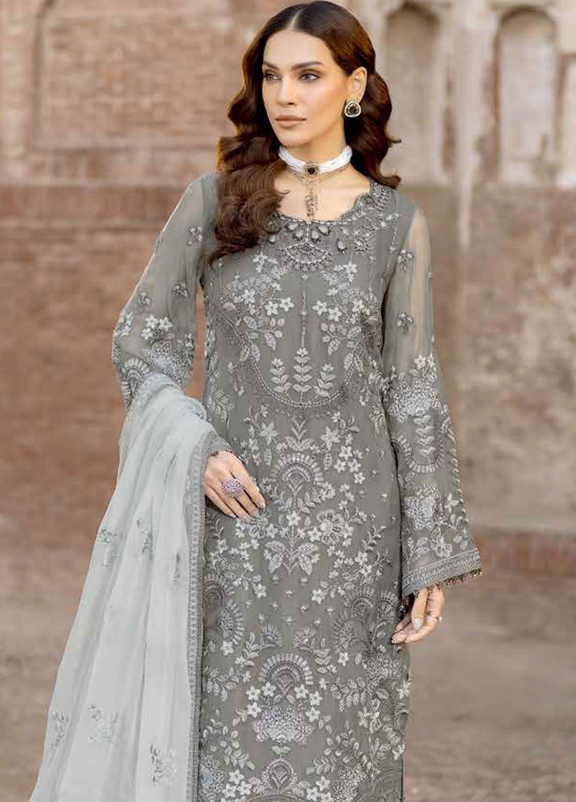 Safeera By Flossie Embroidered Chiffon 3 Piece Unstitched Suit FL24SF S-1308 STORMY GREY Safeera By Flossie Embroidered Chiffon 3 Piece Unstitched Suit FL24SF S-1308 STORMY GREY