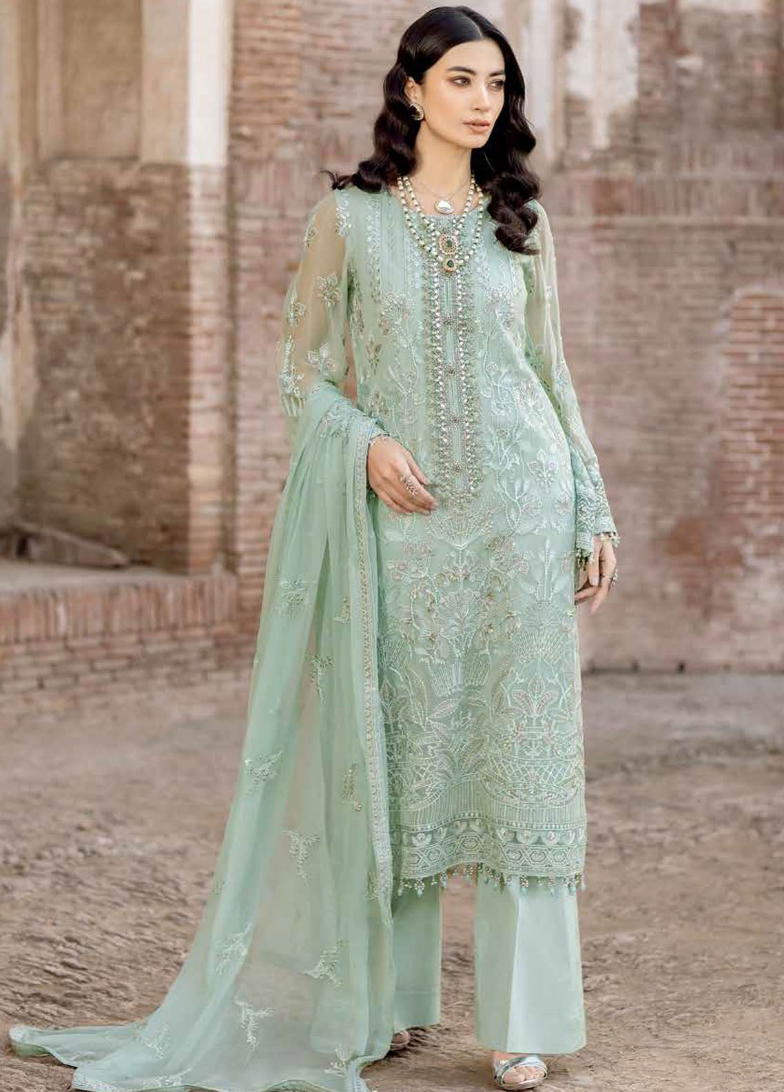 Safeera By Flossie Embroidered Chiffon 3 Piece Unstitched Suit FL24SF S-1309 SNOW PEA Safeera By Flossie Embroidered Chiffon 3 Piece Unstitched Suit FL24SF S-1309 SNOW PEA