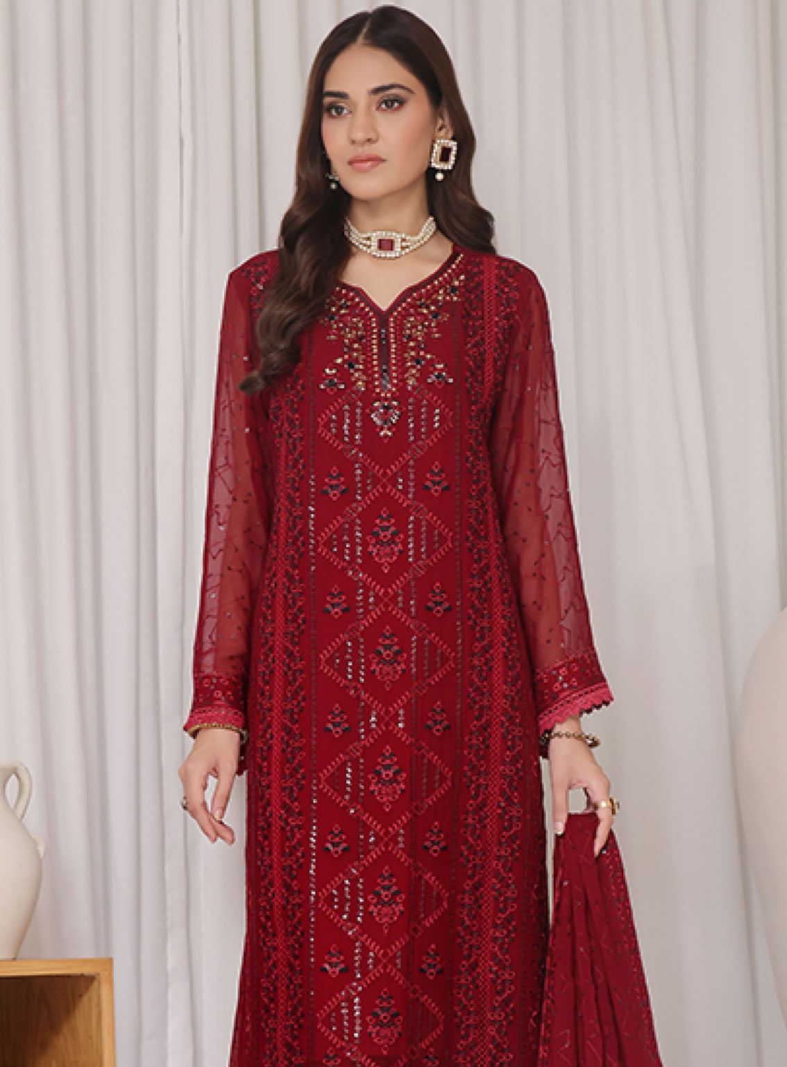 Sajni By Shamooz Embroidered Chiffon 3 Piece Unstitched Suit SZ24S SU-105 RUBY Sajni By Shamooz Embroidered Chiffon 3 Piece Unstitched Suit SZ24S SU-105 RUBY