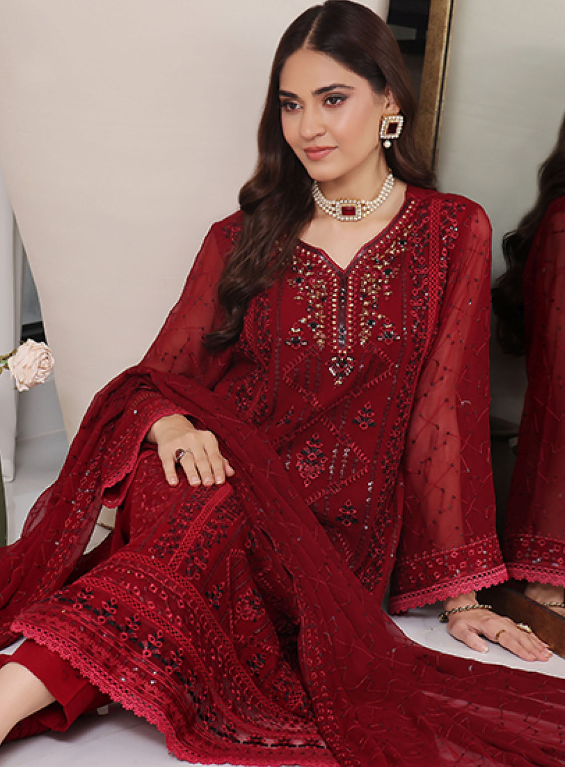 Sajni By Shamooz Embroidered Chiffon 3 Piece Unstitched Suit SZ24S SU-105 RUBY Sajni By Shamooz Embroidered Chiffon 3 Piece Unstitched Suit SZ24S SU-105 RUBY