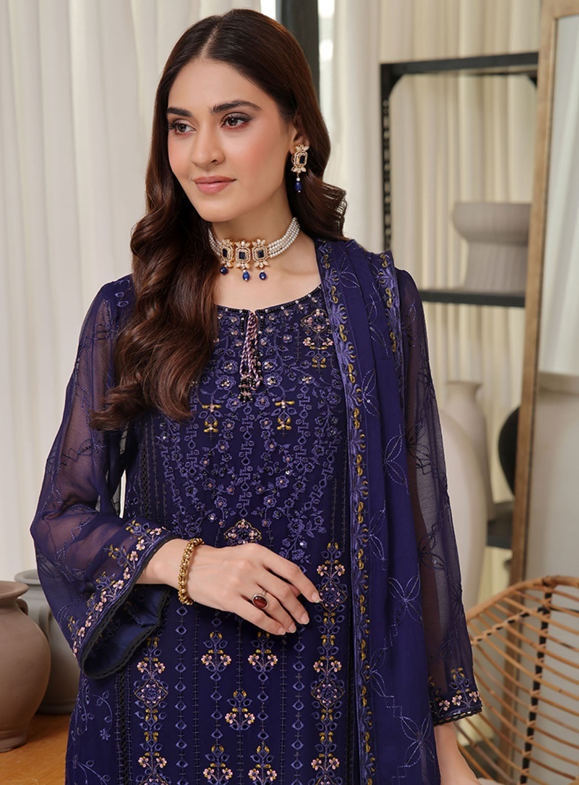 Sajni By Shamooz Embroidered Chiffon 3 Piece Unstitched Suit SZ24S SU-106 NAVY BLUE Sajni By Shamooz Embroidered Chiffon 3 Piece Unstitched Suit SZ24S SU-106 NAVY BLUE