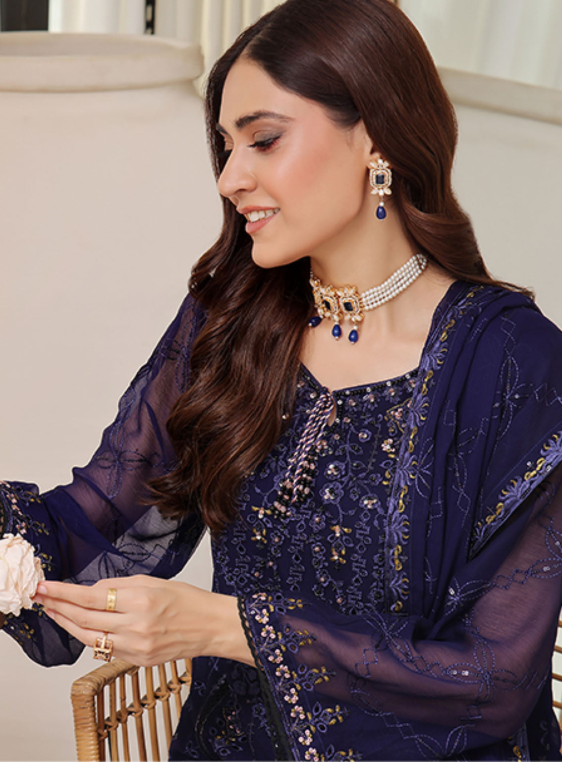 Sajni By Shamooz Embroidered Chiffon 3 Piece Unstitched Suit SZ24S SU-106 NAVY BLUE Sajni By Shamooz Embroidered Chiffon 3 Piece Unstitched Suit SZ24S SU-106 NAVY BLUE