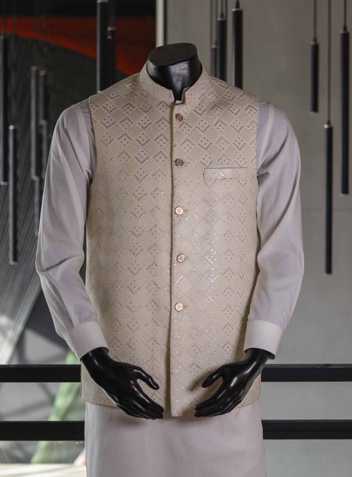 Sami Saeed Designer Raw Silk Stitched Waistcoat SS25DVC D-03-CR Sami Saeed Designer Raw Silk Stitched Waistcoat SS25DVC D-03-CR