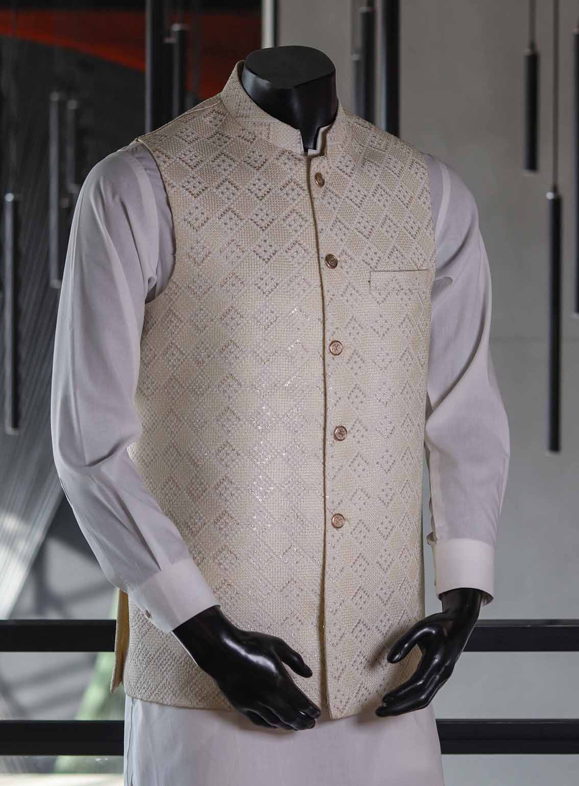 Sami Saeed Designer Raw Silk Stitched Waistcoat SS25DVC D-03-CR Sami Saeed Designer Raw Silk Stitched Waistcoat SS25DVC D-03-CR