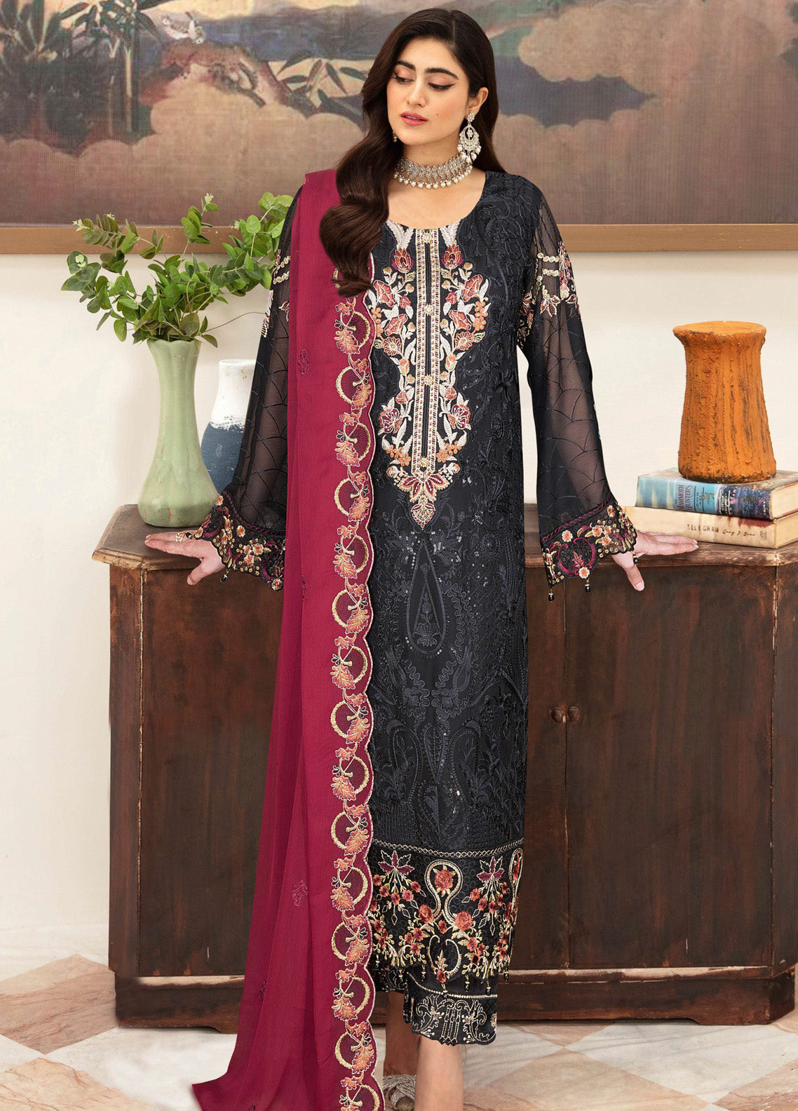 Sangeet By Ramsha Embroidered Chiffon 3 Piece Semi Stitched Suit RM24SV1 B-103 Sangeet By Ramsha Embroidered Chiffon 3 Piece Semi Stitched Suit RM24SV1 B-103