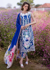 The Secret Garden By Mushq Hemline Spring Embroidered Lawn 3 Piece Unstitched Suit MQ24SGHSL D-2B BLUE MORPHO