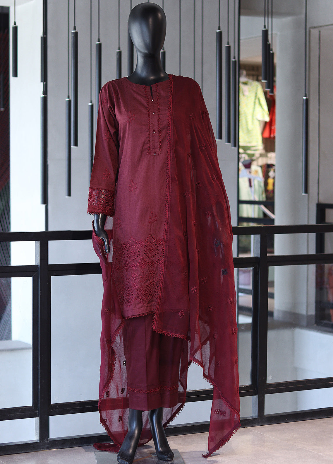 Usman Fabrics Fancy Embroidered Cotton Stitched 3 Piece Stitched Suit - US24FEL APMY-02MRN Usman Fabrics Fancy Embroidered Cotton Stitched 3 Piece Stitched Suit - US24FEL APMY-02MRN