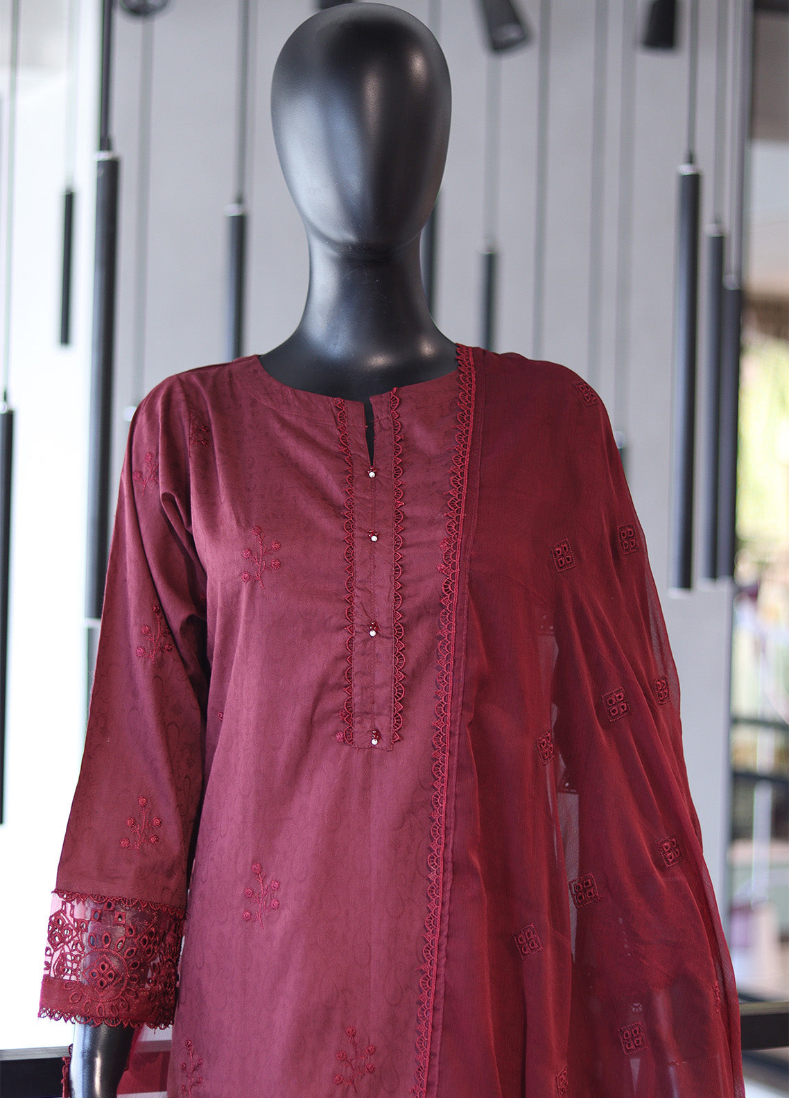 Usman Fabrics Fancy Embroidered Cotton Stitched 3 Piece Stitched Suit - US24FEL APMY-02MRN Usman Fabrics Fancy Embroidered Cotton Stitched 3 Piece Stitched Suit - US24FEL APMY-02MRN