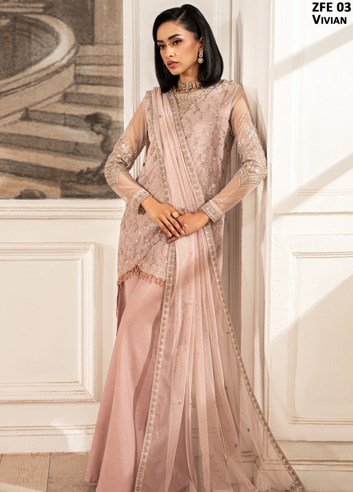 Zarif Embroidered Net 3 Piece Unstitched Suit ZF24FE ZFE-03 VIVIAN Zarif Embroidered Net 3 Piece Unstitched Suit ZF24FE ZFE-03 VIVIAN