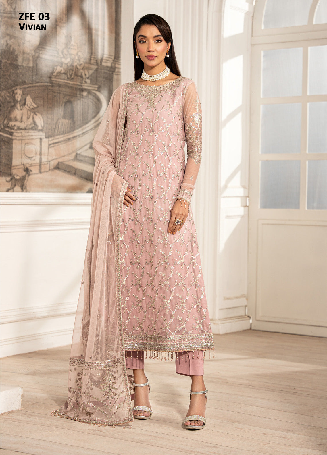 Zarif Embroidered Net 3 Piece Unstitched Suit ZF24FE ZFE-03 VIVIAN Zarif Embroidered Net 3 Piece Unstitched Suit ZF24FE ZFE-03 VIVIAN