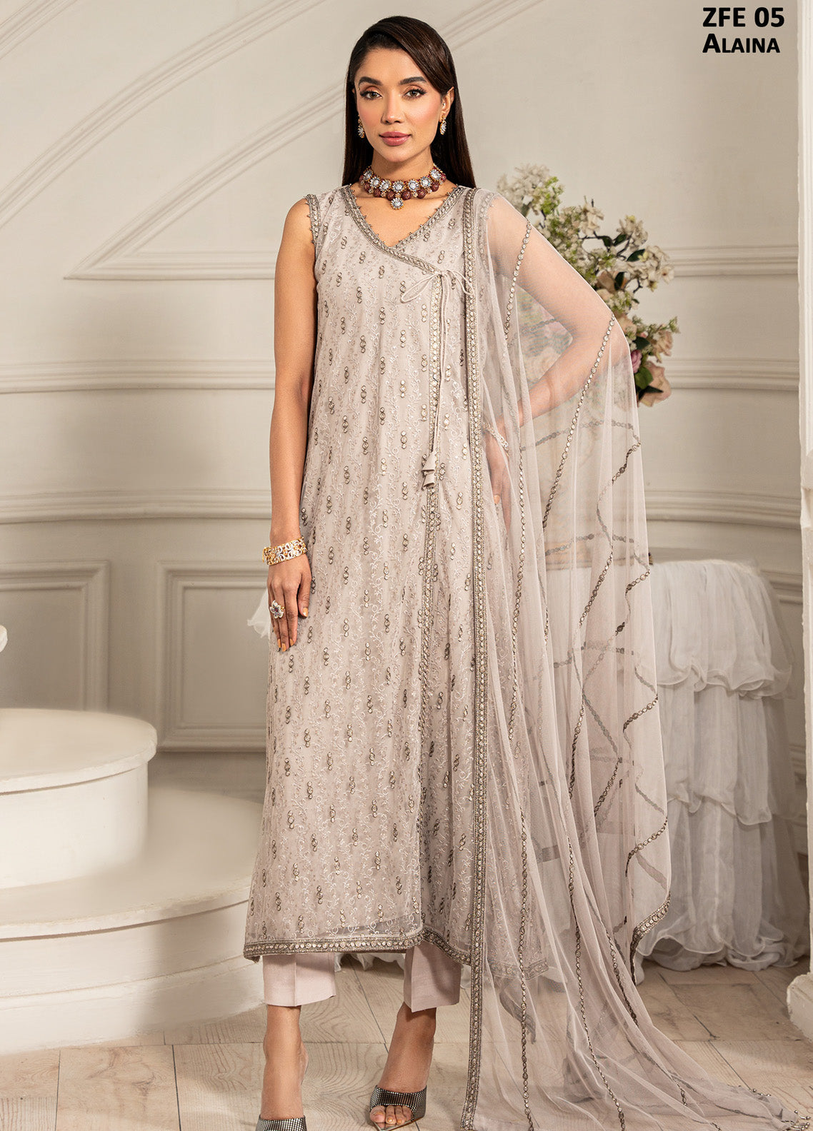 Zarif Embroidered Net 3 Piece Unstitched Suit ZF24FE ZFE-05 ALAINA Zarif Embroidered Net 3 Piece Unstitched Suit ZF24FE ZFE-05 ALAINA