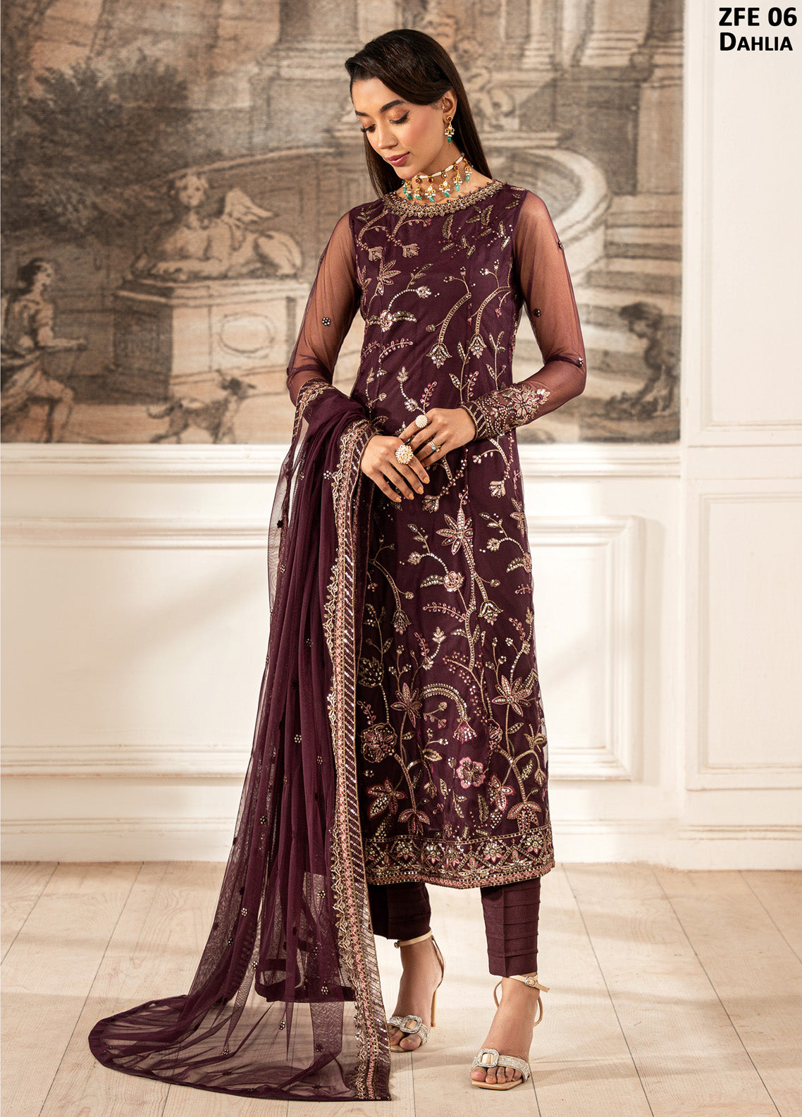 Zarif Embroidered Net 3 Piece Unstitched Suit ZF24FE ZFE-06 DAHLIA Zarif Embroidered Net 3 Piece Unstitched Suit ZF24FE ZFE-06 DAHLIA