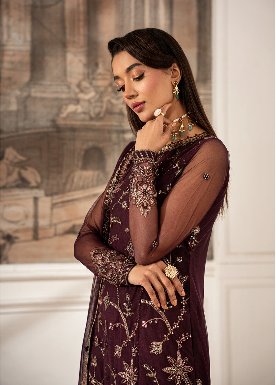 Zarif Embroidered Net 3 Piece Unstitched Suit ZF24FE ZFE-06 DAHLIA Zarif Embroidered Net 3 Piece Unstitched Suit ZF24FE ZFE-06 DAHLIA