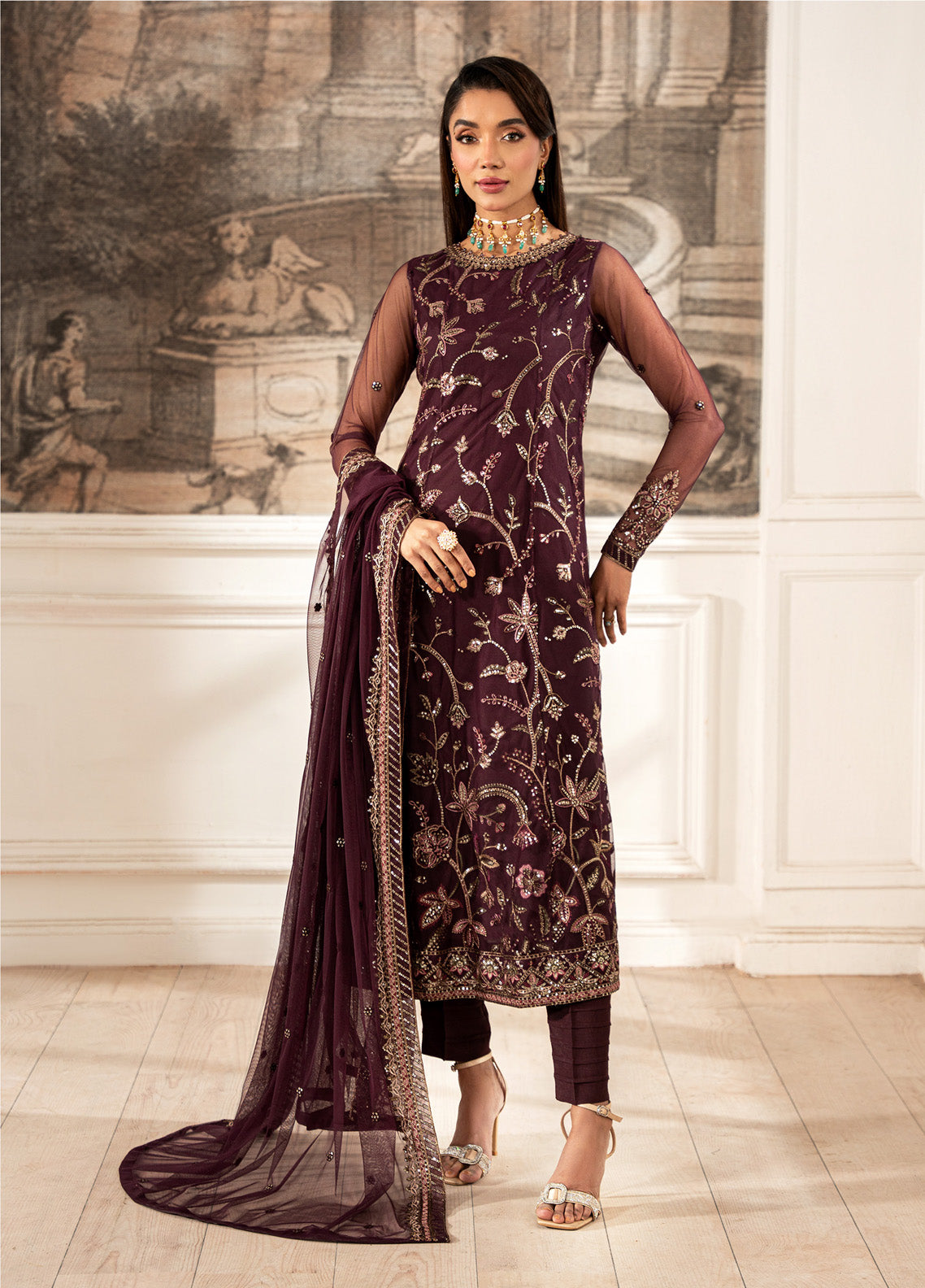 Zarif Embroidered Net 3 Piece Unstitched Suit ZF24FE ZFE-06 DAHLIA Zarif Embroidered Net 3 Piece Unstitched Suit ZF24FE ZFE-06 DAHLIA